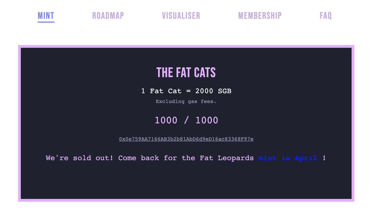 FAT CATS - SOLD OUT! 

All Fat Cats Genesis gone in under 2 hours. Thank you to our amazing community for your incredible support. Welcome to The Fat Cats club 🤝