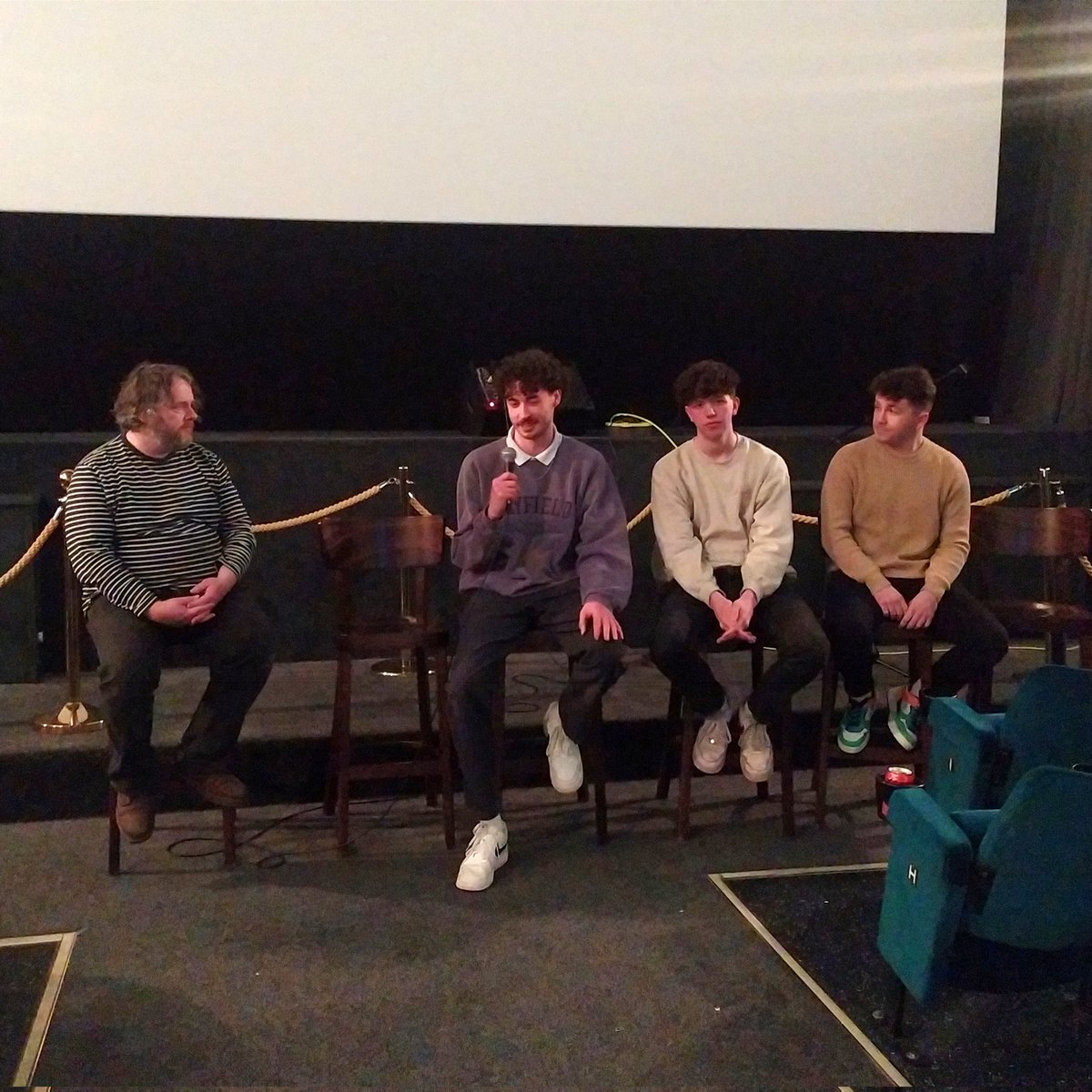 FirstCut1's tweet photo. Senior @CorkFilmFest programmer Don O'Mahony chats to filmmakers Ian Fallon, Reuben Harvey and Ronan Burke.
#firstcutfilmfest https://t.co/yYLZozhJvT