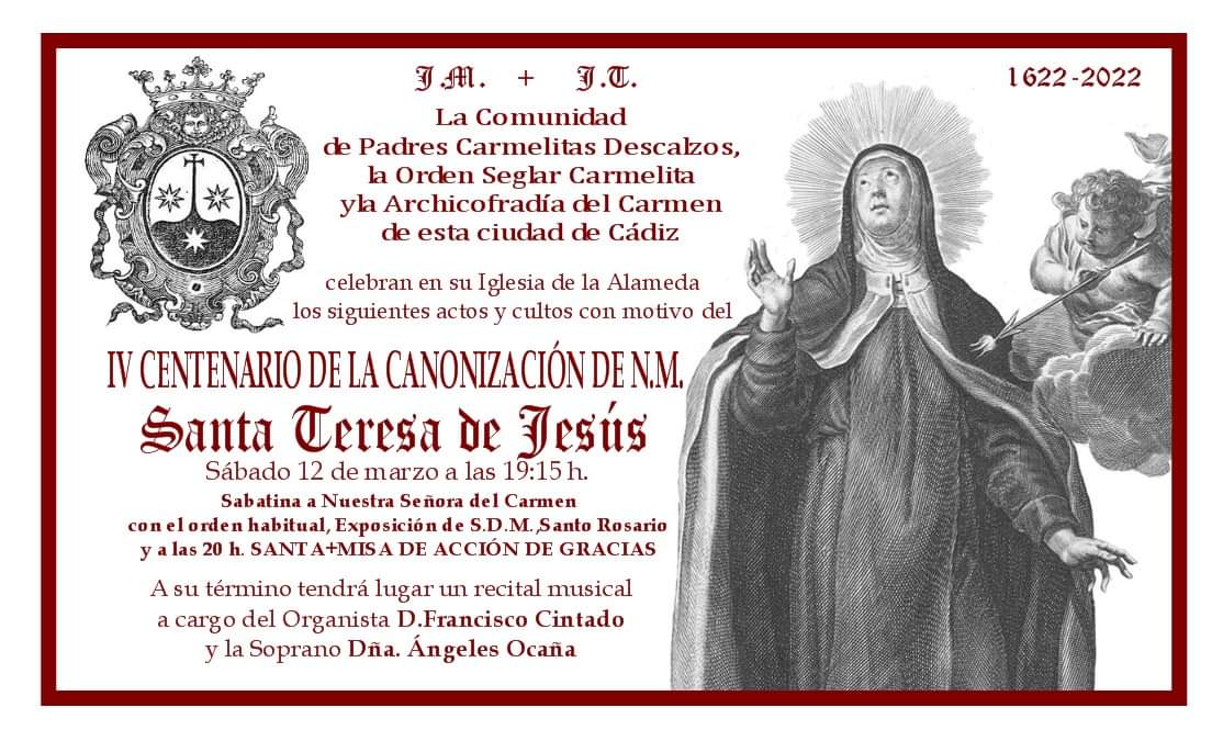 ElCarmenCadiz's tweet photo. Recuerda que esta tarde, tras los cultos #sabatinos a la Nuestra Madre, celebramos el #IVCentenario de la canonización de #TeresadeJesus con un recital de música a cargo de Francisco Cintano (órgano) y Ángeles Ocaña (Soprano)
#ElCarmdeCadiz https://t.co/Cf9KcxJp13