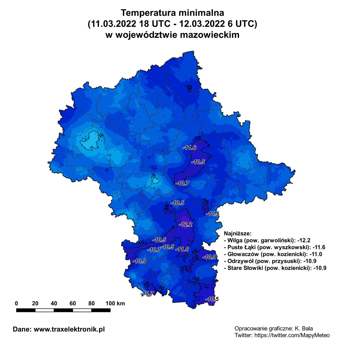 MapyMeteo's tweet photo. Ostatnie dwie marcowe noce, przyniosły w województwie mazowieckim spadki poniżej -10 stopni - nocą z czwartku na piątek było -12, zaś z piątku na sobotę -12,2 w Wildze (pow. garwoliński). Miejscami były to najniższe temperatury w tym roku! #pogoda #wiosna #marzec https://t.co/tL15IafhBi