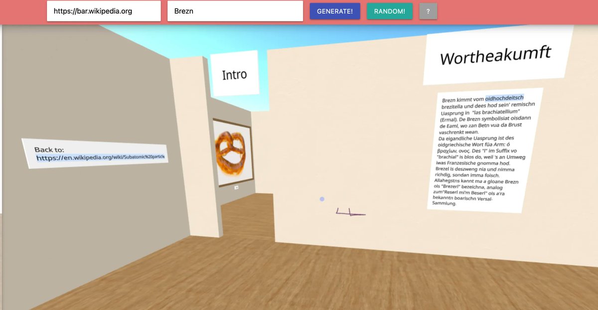 Demo-Digestion-Week is coming to an end: @blinry and <a href="/Bleeptrack/">bleeptrack</a> made the Everything Exhibition. It transforms Wikipedia content in a 3D space. 

The screenshot shows Enid exploring a Brezn-Exhibition 😂