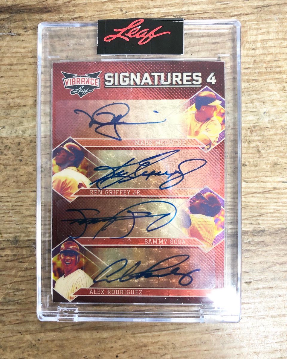 Three_Stars's tweet photo. 2022 Leaf Vibrance continues to roll out #Hits in #BOOMington! A customer just pulled this 1/1 Mark McGuire, Ken Griffey Jr, Sammy Sosa, and Alex Rodriguez Vibrant Signatures 4 Gold autograph! @Leaf_Cards #supportyourlcs https://t.co/ocUVGC7Qpv
