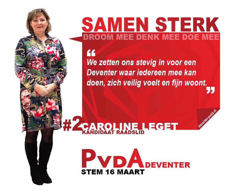 Dit is Caroline Leget <a href="/caroleget/">Caroline Leget</a>, onze topper op plek twee van de kandidatenlijst. Ze is raadslid en zet zich nu en in de komende jaren in voor een #Deventer waarin iedereen kan meedoen, in een fijne en veilige wijk. #samensterk #PvdA #GR2022
