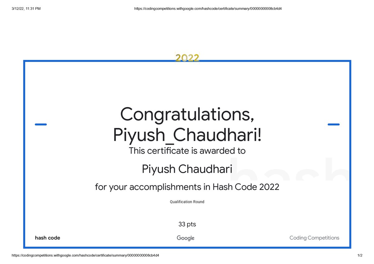 PiyushC0514's tweet image. Happy to share my #GoogleHashCode Certificate !!
I have participated with Prashant and Rihan as a team in the contest and we were able to give a decent attempt. I hope we do our best in the next google hash code competition. Looking forward for further contests.
#hashcode