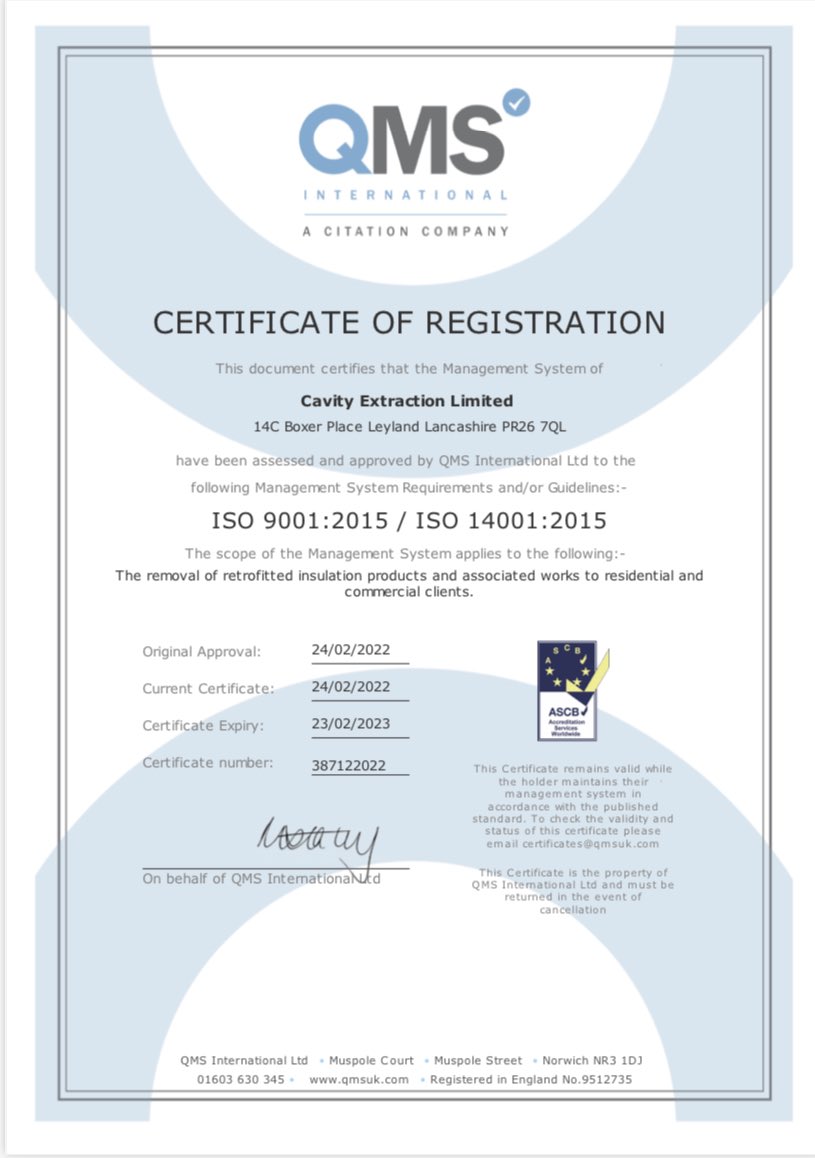 Another milestone smashed!! I am pleased to announce Cavity Extraction Ltd now Oscar, CHAS, Trustmark and now ISO approved!!
Why would you trust anyone else to solve your cavity problem?