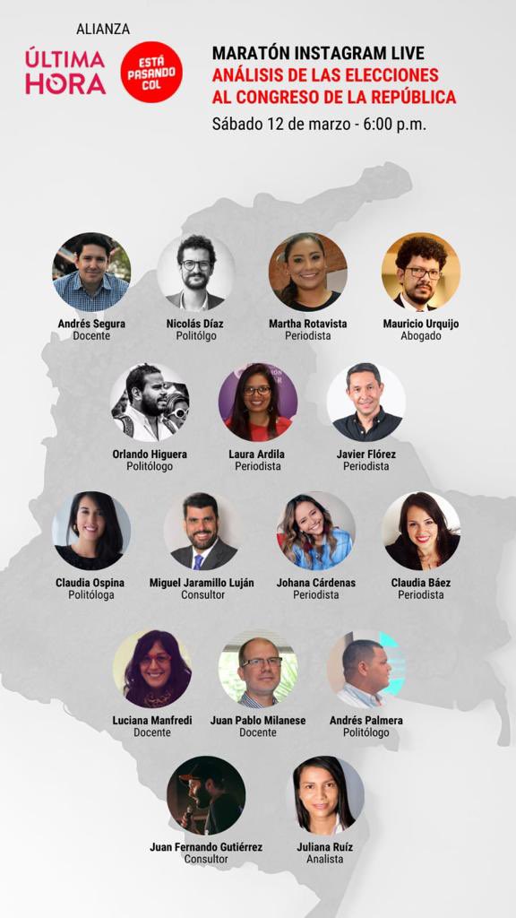 ultimahoracol_'s tweet photo. Hoy a las 6PM, junto a @EstaPasandoCol estaremos realizando un gran especial de cubrimiento de las elecciones al Congreso y consultas con la participación de expertos políticos como @Nicolasdiazc, @LuisUrquijo, @arnaiz, @Mrotavista, @OrlandoHigueraT, @Lardila83, @florezjavier🧵👇🏻 https://t.co/7RMcpZ5JYr