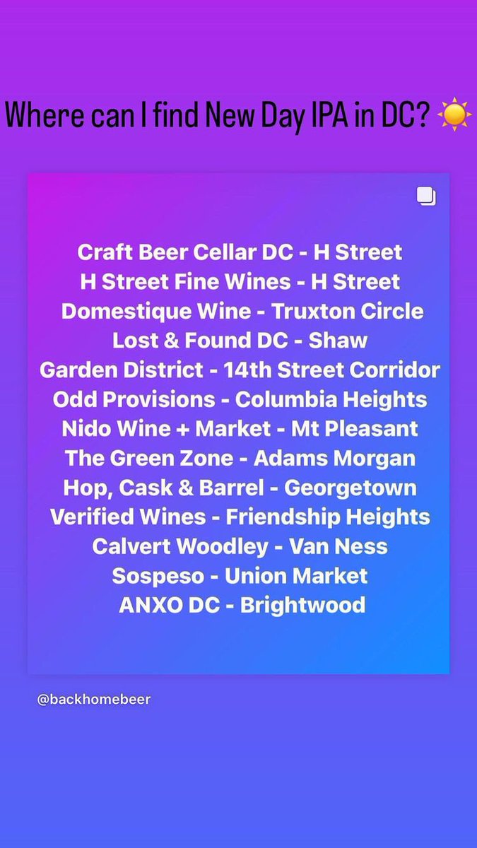 BackHomeBeer's tweet photo. Washington, DC residents looking for @BackHomeBeerโs New Day IPA? ๐๐๐๐๐๐๐ https://t.co/LTqmv4Wfu2