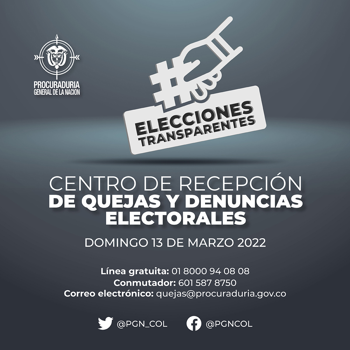 PGN_COL's tweet photo. ¡Llegó el día! Entre todos podemos garantizar unas #EleccionesTransparentes 🗳️ para Colombia. 🇨🇴

👁️ Denuncie si conoce hechos o conductas que puedan alterar el equilibrio de la contienda. Contamos con usted 👍🏻 https://t.co/uuSHph5MVH
