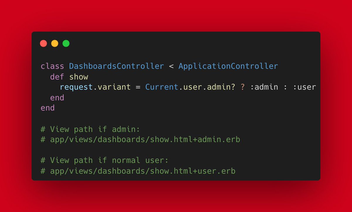 websebdev's tweet image. 💎Rails tip💎
Did you know about template variants? Useful when you have let's say one view for admins and one for normal users. Or one for mobile and one for desktop (when the views are too different to just be responsive).
#ruby #rails #rubyonrails
