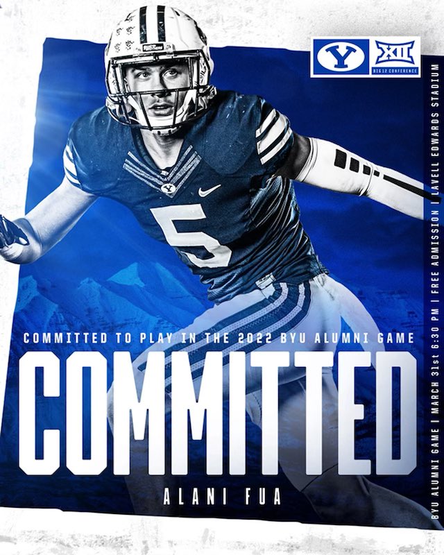 Alani Fua (@bigdaddyfua) on Twitter photo After a great conversation with Coach <a href="/kalanifsitake/">Kalani F Sitake</a>,
I have made the decision to commit to the 2022 <a href="/BYUfootball/">BYU FOOTBALL</a> Navy & Royal Alumni Game. I’m excited to see the fans that supported me in LES throughout my career.
GO COUGS!!!
#FEARTHEFUA
#FISHINWITHFUA
🔵⚪️ After a great conversation with Coach <a href="/kalanifsitake/">Kalani F Sitake</a>,
I have made the decision to commit to the 2022 <a href="/BYUfootball/">BYU FOOTBALL</a> Navy & Royal Alumni Game. I’m excited to see the fans that supported me in LES throughout my career.
GO COUGS!!!
#FEARTHEFUA
#FISHINWITHFUA
🔵⚪️