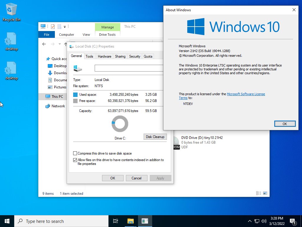 NTDEV_'s tweet photo. After more than 1 year of waiting, tiny10 21H2 is here! 
Based off of Windows 10 21H2 LTSC, it's as pure and clean as Windows can get, while still being usable. 
You can try the x86 version right now (x64 coming soon!):
https://t.co/vrNF8xzIdf

Feedback is highly appreciated! https://t.co/pE8YTRJj5a