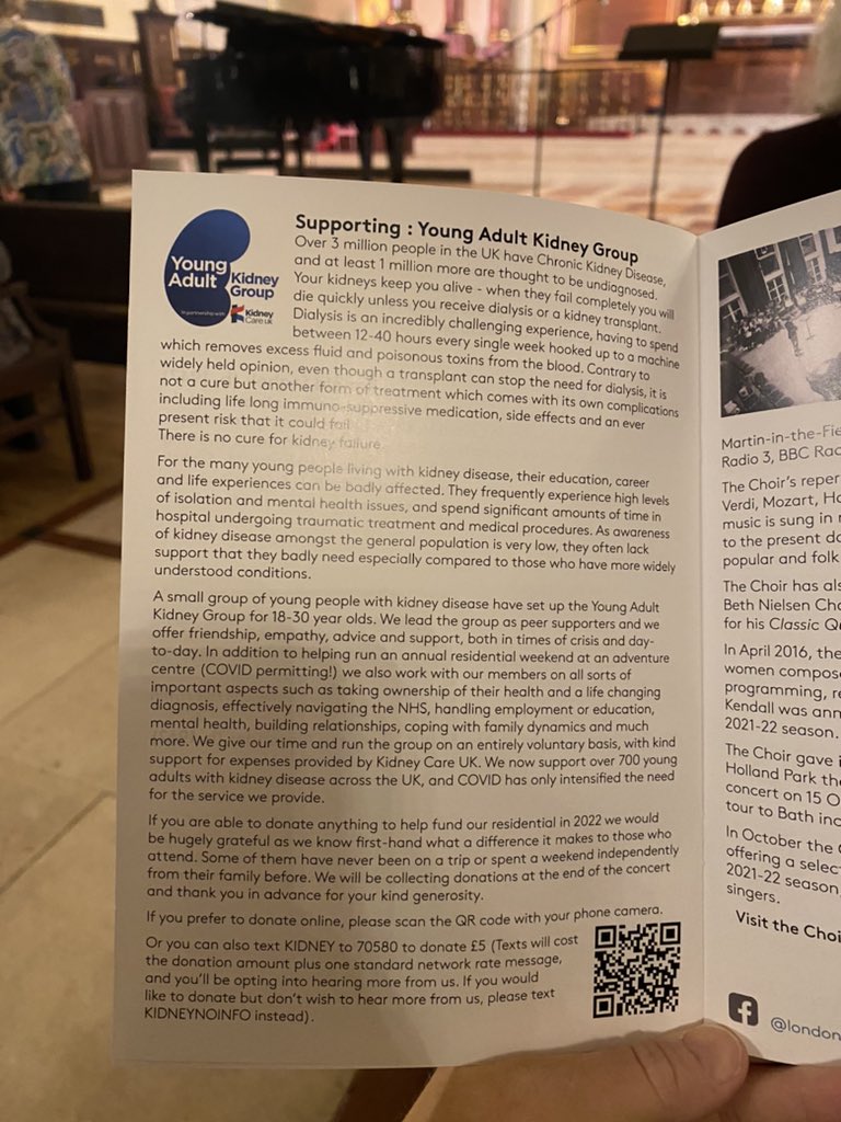 Delighted to be speaking this evening <a href="/londonoriana/">London Oriana Choir</a> concert where we will be collecting donations to support our <a href="/YAKidneyGroup/">Young Adult Kidney Group</a> activities, in particular our annual residential for young people with #kidney disease
