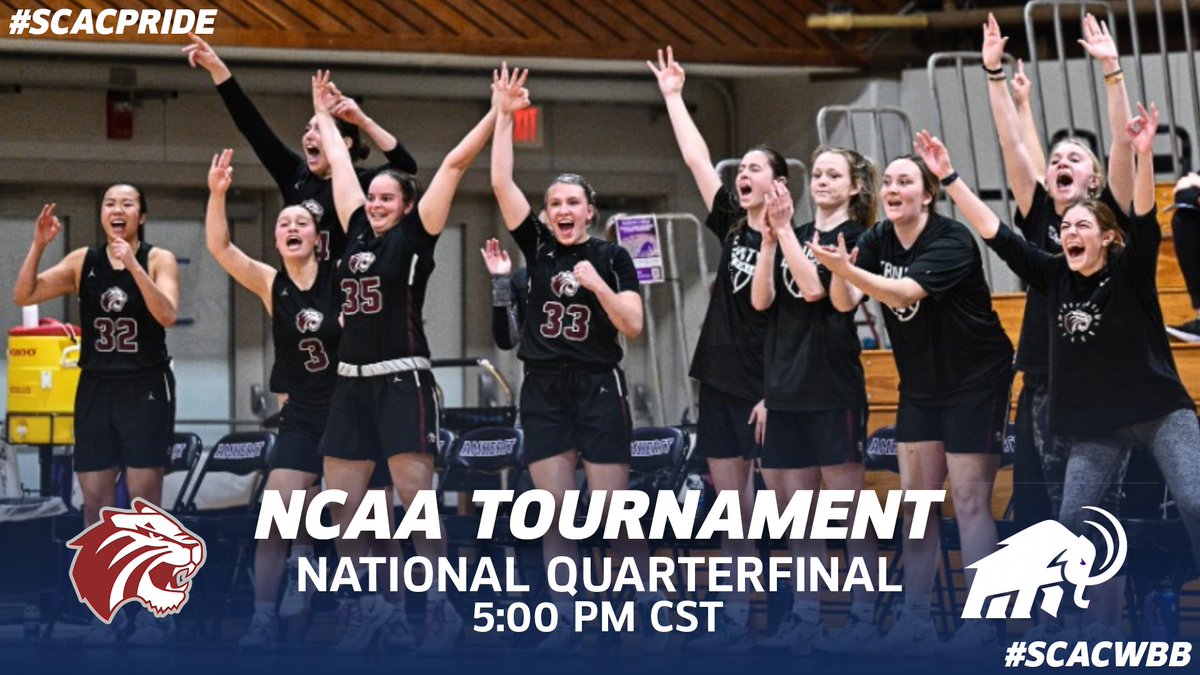 SCAC_Sports's tweet photo. #SCACWBB | WILDEST DREAMS!🏀

@NCAADIII Women's Basketball Tournament - National Quarterfinal 

@TrinityUTigers 🆚 @AmherstMammoths 
📍| Amherst, Mass.
📺| https://t.co/4VxUzsOugA
📊| https://t.co/a4TlL8dOKx

#SCACPride | #d3hoops https://t.co/7RGoezOr0L