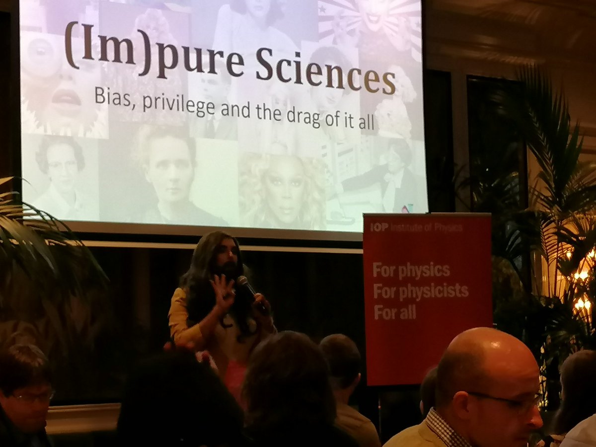 IOP_Ireland's tweet photo. @sassyscience_ begins her sci-com drag show - (Im)pure Sciences: Bias, privilege and the drag of it all - at #IOPSpring https://t.co/nkDGhulGyO