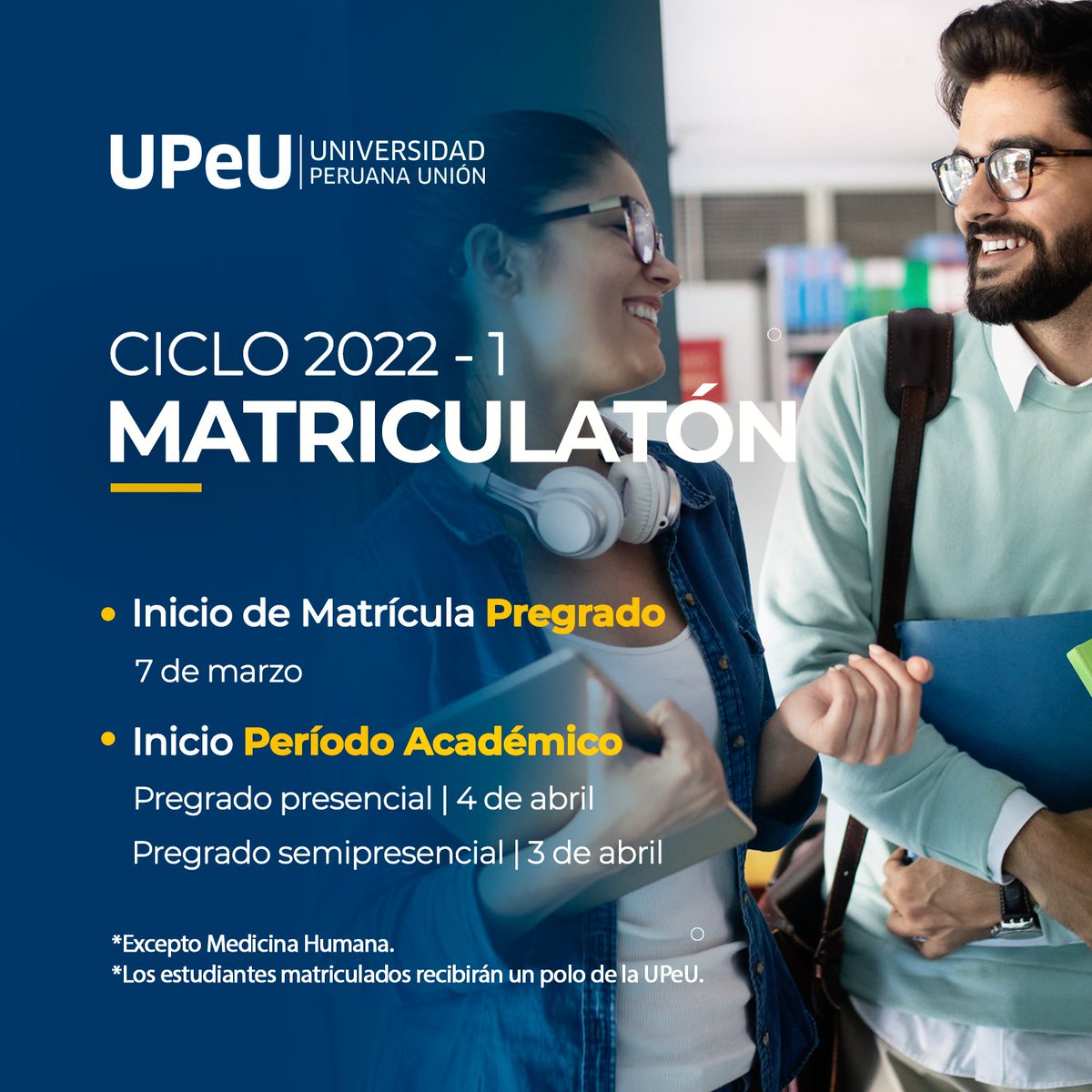 UPeUOficial's tweet photo. Iniciamos con el proceso de matrícula para el ciclo académico 2022 – I, del 14 al 28 de marzo tendremos 10 horas seguidas de atención para que realices tu proceso de matrícula. ¡Tu futuro profesional te espera!

#UPeUNoticias
#ProfesionalesConPrincipios https://t.co/qfabZAgNa4
