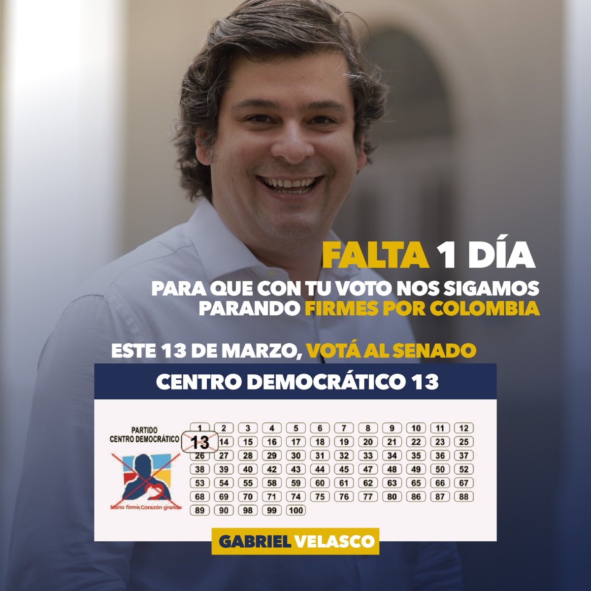 Falta 1 día para las elecciones del 13 de marzo.
Falta 1 día para que con tu voto nos sigamos parando firmes por Colombia.
Mañana al Senado marca así: 
❌ <a href="/CeDemocratico/">Centro Democrático</a> 
❌ #13 
#MeParoFirmeColombia