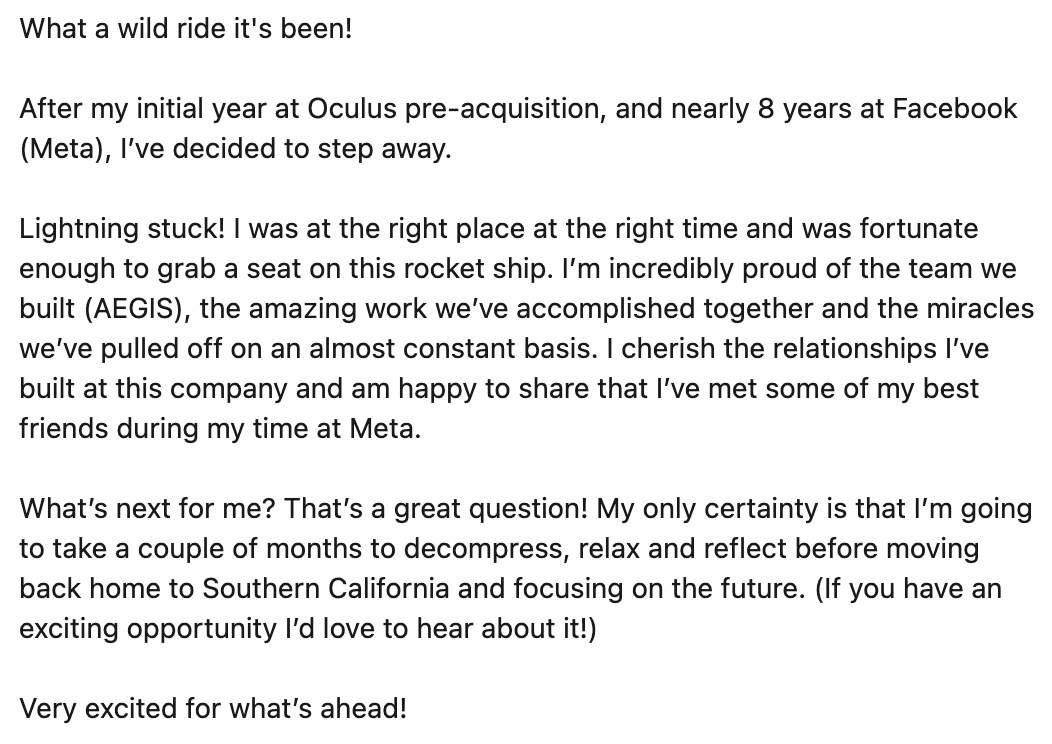 stevedjobes's tweet photo. A little bit late but I figured I'd share this here as well.
I'm incredibly grateful for the path I've traveled to this point and am passionately looking forward to blazing new trails ahead! #facebook #meta #oculus https://t.co/EpFU9x69aH