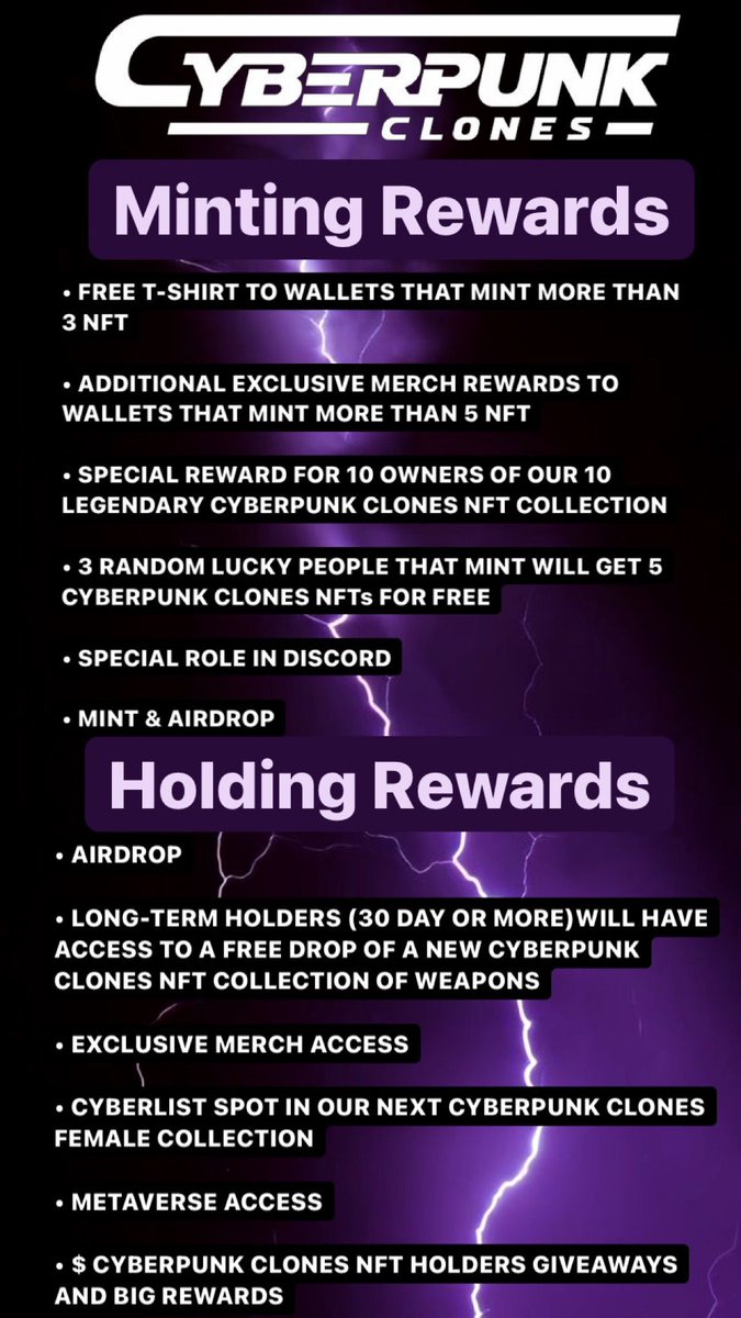 NFT_cyberpunk's tweet photo. Here is the current list of rewards and benefits for Minting and Holding your CyberPunk Clones tokens! 

➡️MINT PRICE REMINDER⬅️

Mint price (Cyberlist)  - 0.06 ETH + gas fee
Mint price  (Public) - 0.11 ETH + gas fee

LFG🚀 
#NFTCommunity #NFTs #NFTdrop https://t.co/PnPGo50oBP