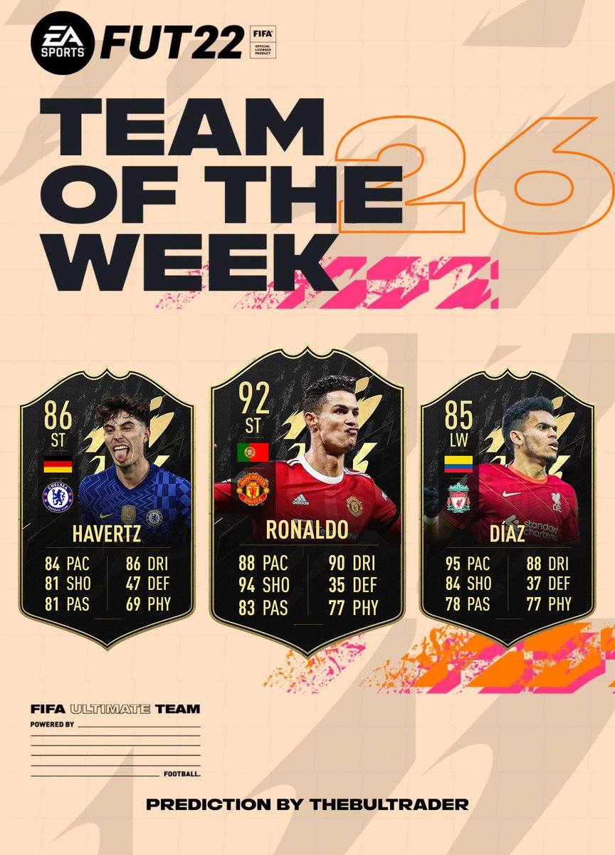 TheBulTrader's tweet image. #TOTW26 contenders:

🇩🇪 Havertz - G &amp;amp; A
🇵🇹 Ronaldo - 3G
🇨🇴 Diaz - G

Who else deserves to receive an In-Form card? 🤔

Join my Discord server! discord.gg/FhZvZHs

#FIFA #FIFA22 #FUT #FUT22 #TOTW #FUTBirthday