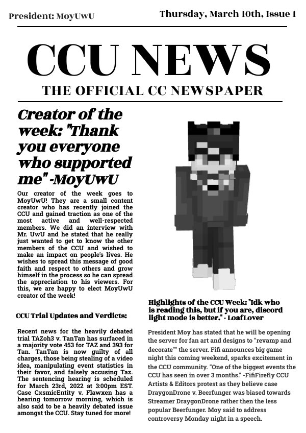 TheRealCCU's tweet photo. Example of what our CCU newspapers would look like, who wants eventually be in one? #ContentCreator https://t.co/Wk3txJAKfk