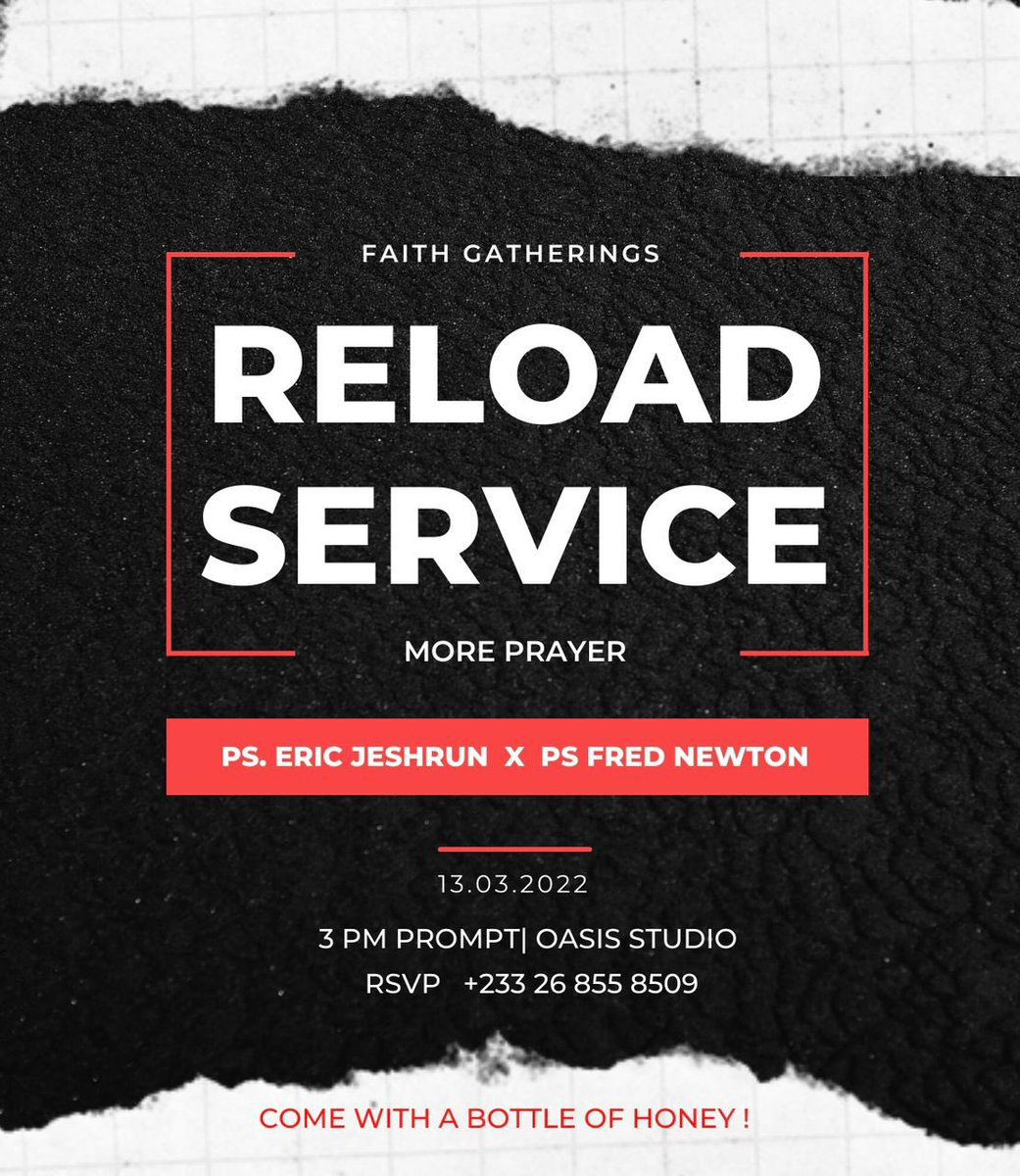 You are specially invited to our Sunday evening Faith Gathering Reload Service tomorrow 🔥🔥🔥 Theme: Turning Bitter Waters Sweet Time: 3pm Venue: Oasis Studio, Adabraka Come with a bottle of honey. #FaithGathering #ReloadService #ByTheSpirit @JeshrunEric @PrinceAAppiah
