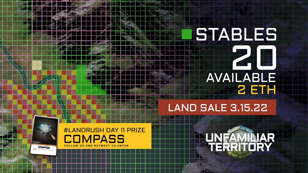 Unfam_territory's tweet photo. 1/ Day 12 of the #LandRush NFT Giveaway! Characters have a limited amount they can carry and is determined by weight. Transportation Plots allow players to receive a percentage of all associated transport fees. Follow us and Retweet for your chance to win a Compass! https://t.co/fVfGM6yaRq