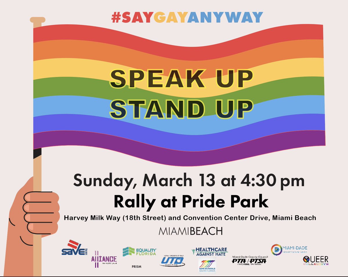 MayorDanGelber's tweet photo. Come join us tomorrow Sunday at 4:30 p.m. for a Say Gay Rally at #PridePark. First 250 people will receive a free T-Shirt. #MiamiBeach #MBPride https://t.co/2C5YZyNbDE