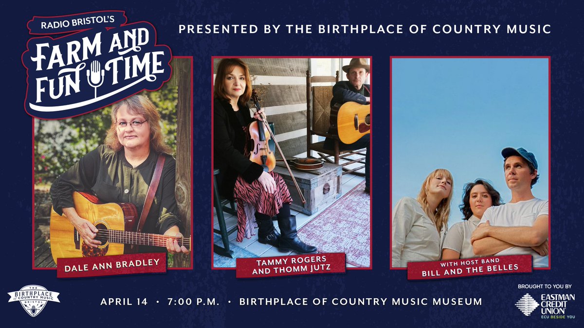 BCMBristol's tweet photo. 6-time @intlBluegrass Female Vocalist of the Year @daleannbradley headlines @wbcmradio #FarmandFunTime w/ Tammy Rogers (of @SteelDrivers) & @ThommJutz April 14 @BCMM - Be part of the studio audience! Buy tix now: https://t.co/qNLDgev8ef https://t.co/bWDHi1Jibj