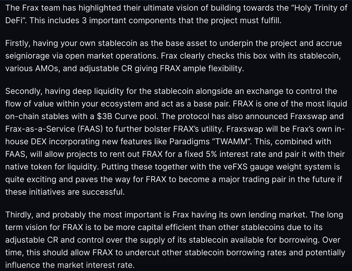 crypto_condom's tweet photo. BULLISH 📜 from @Delphi_Digital on @fraxfinance. 
➡️@VotiumProtocol bribes are massively profitable
➡️$FRAX is forming a ✝️Holy Trinity of protocol controlled stablecoins + exchange + lending market
➡️70% $FXS is locked as veFXS or cvxFXS
➡️@ConvexFinance has $116 TVL as $cvxFXS https://t.co/T8bHo6JKAd