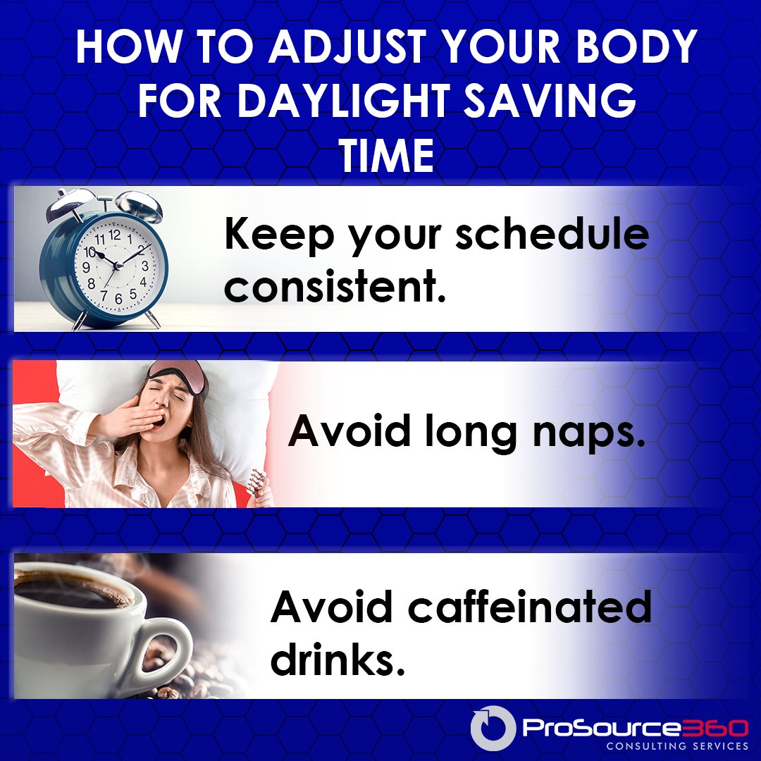 ProSource360's tweet photo. Adjusting to Day Light Savings can be done in a few easy steps. Be consistent, avoid too much sugar and caffeine, and make sure you’re well-rested. Times change, and you can adjust accordingly.
#DayLightSaving, #daylightsavingstime, #springforward, #ProSource360, #consulting https://t.co/rQjQGDNEZI