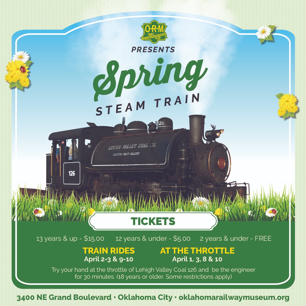Our 2022 season starts with our Spring Steam train Event April 1-3 &amp; 8-10
oklahomarailwaymuseum.org/gramling-steam…