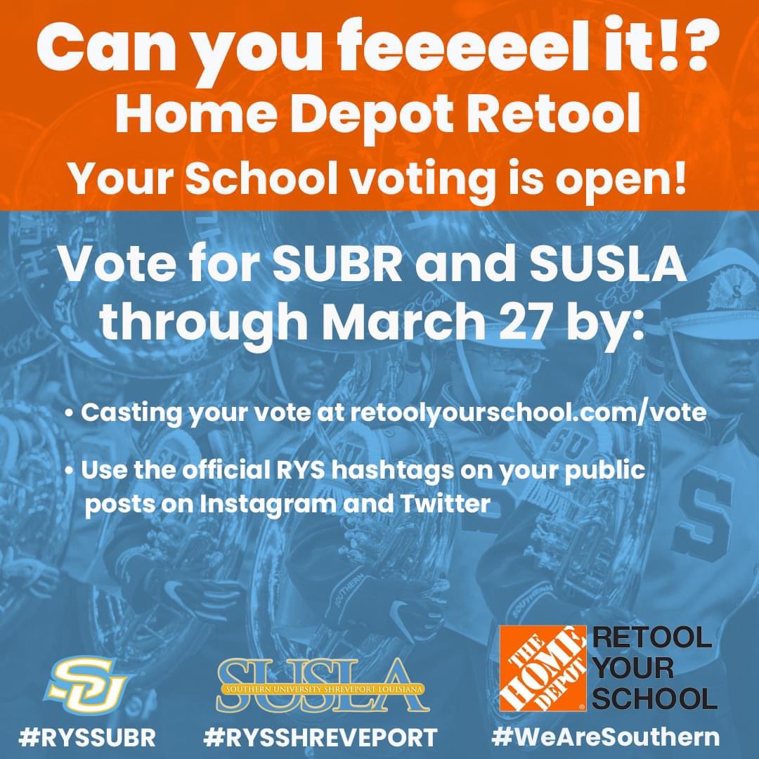 Support our local #HBCU! Keep voting to help Southern University and Southern University at Shreveport, LA win up to $75K in campus improvement grants. Vote now using #RYSSUBR and #RYSSHREVEPORT on PUBLIC Twitter and Instagram posts or visit retoolyourschool.com/vote.