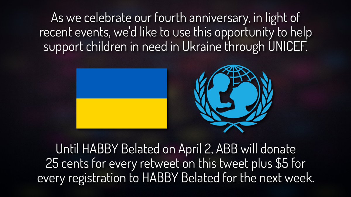 AngryBurlyBros's tweet photo. Our team believes in the value of human dignity &amp; the right to enjoy peace.

For every retweet on this tweet all month, ABB will donate 25 cents to @UNICEF efforts &amp; humanitarian assistance in 🇺🇦 + $5 for each #HABBYBelated registration for a week on https://t.co/3HLWOFTlxa. 💙💛 https://t.co/I8u3m3QOsX