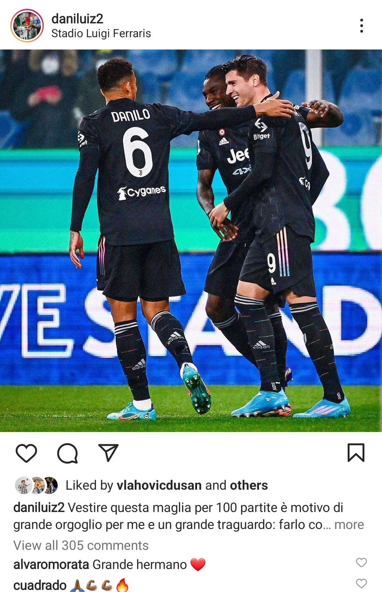 Chehaly's tweet photo. @2DaniLuiz on Instagram: "Wearing this shirt for 100 games makes me very proud and is a great milestone: to do it with a win is even better! Forza Juve, Fino alla fine! ⚪⚫
#DAN100 #Dani6 #ForzaJuve #SampJuve #SerieATIM" https://t.co/I8r2if0hQc