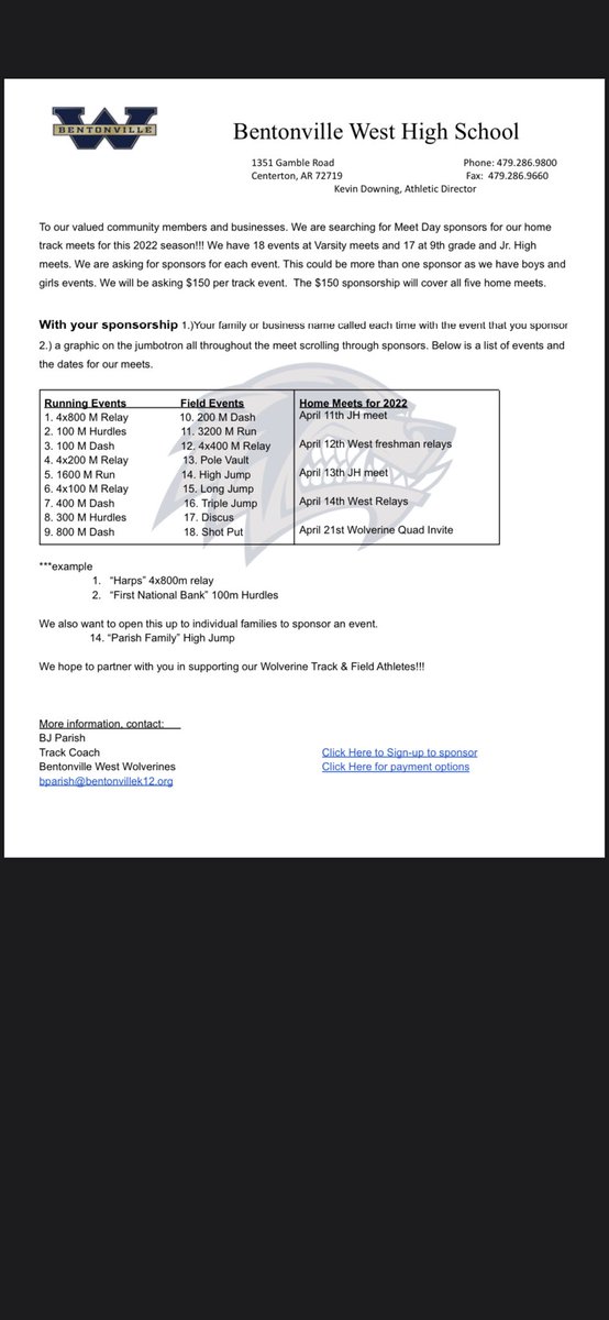 We are looking to partner with local business and anyone who wants to sponsor individual events at our home meets this season!!! Please send a PM or contact Coach Parish at 501-304-2985 if interested!!! <a href="/mayor72719/">Mayor Bill Edwards</a>
