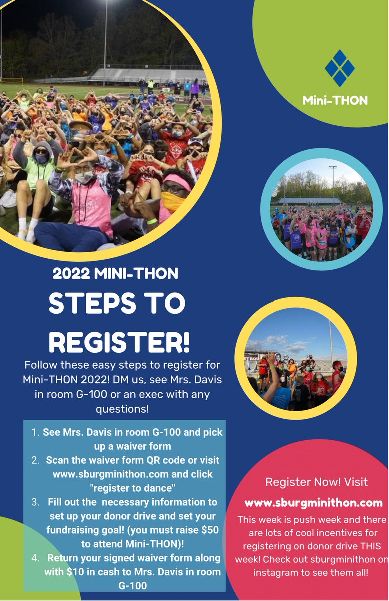 sburgminithon's tweet photo. It’s that time of year to register for Mini-THON‼️ Mini-THON is May 20th from 4-10 pm and open to grades 9-12! 🎉 Sign up TODAY on donor drive and help us reach our push week incentives! You can register by visiting https://t.co/SzqDlwyAid and clicking “register to dance”! 💙💠🎗 https://t.co/m1j4Q2FMoh