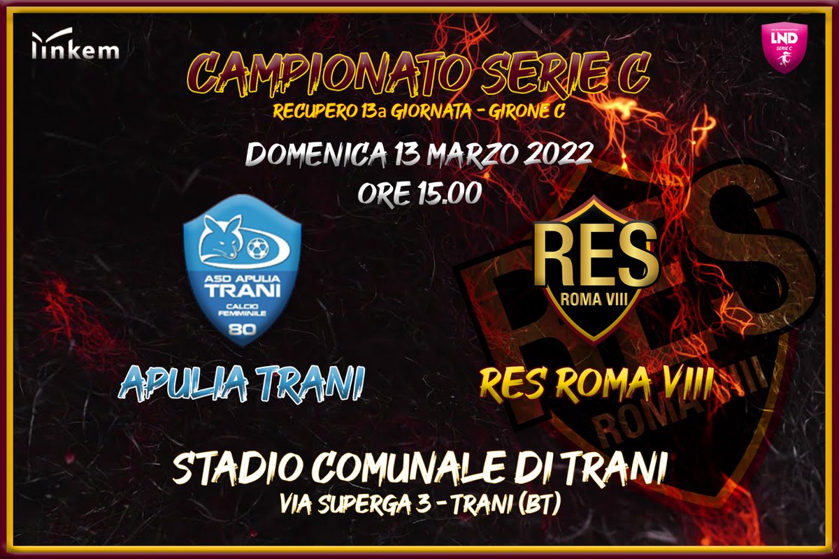 ResRomaCalcioFe's tweet photo. 🔥🔜 𝐑𝐄𝐂𝐔𝐏𝐄𝐑𝐎 𝟏𝟑𝐚 𝐆𝐈𝐎𝐑𝐍𝐀𝐓𝐀 𝐒𝐄𝐑𝐈𝐄 𝐂

𝐀𝐏𝐔𝐋𝐈𝐀 𝐓𝐑𝐀𝐍𝐈 𝐯𝐬 𝐑𝐄𝐒 𝐑𝐎𝐌𝐀 𝐕𝐈𝐈𝐈 

📆 Domenica 13 Marzo 2022 

🕒 Ore 15.00

🏟️ Stadio Comunale di Trani

🎥 La partita sarà trasmessa in diretta 

↘️↘️↘️↘️↘️↘️↘️
 https://t.co/xZhdtX3Mcb

💛❤️ https://t.co/s1Qkt220bK