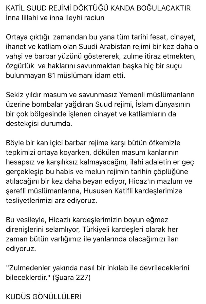 KATİL SUUD REJİMİ DÖKTÜĞÜ KANDA BOĞULACAKTIR