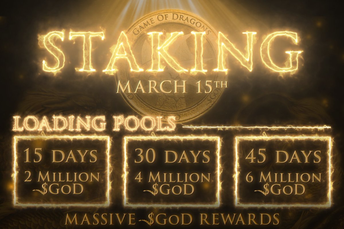 Game_of_Dragons's tweet photo. - The "Loading" phases will begin on 15th after the Launch. They will be locked, once one pool unlocks, the "Golden" phase for that specific pool begins with massive USDT rewards. 👀

- Stake in the "Loading" Pools, get more $GOD, and be prepared for the USDT rewards. 🔥

#p2e https://t.co/Am3N7sP9xk