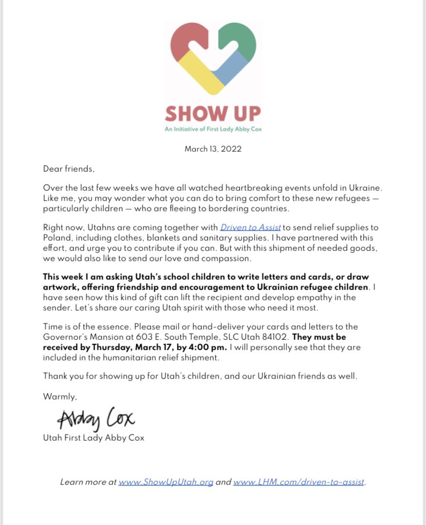 theLHMcompany's tweet photo. Utah’s First Lady @AbbyPalmerCox is inviting school aged children to join @ShowUpUtah by writing or drawing cards offering friendship and encouragement to send to children fleeing Ukraine. We will deliver these cards with our #DriventoAssist #UtahforUkraine donations. https://t.co/j0DIwWB83Y