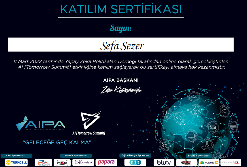 ssefasezer's tweet photo. 11 Mart 2022 tarihinde #YapayZekaPolitikalarıDerneği tarafından organize edilen #AI [#TomorrowSummit] etkinliği #yapayzeka adına her şeyi katılımcıya sundu.
Emeği geçen başta #AIPA ekibine, değerli hocalarımıza ve tüm sponsor ekibe teşekkürlerimi arz ediyorum.
@aipaturkey 👏 https://t.co/mXbitMMHAZ