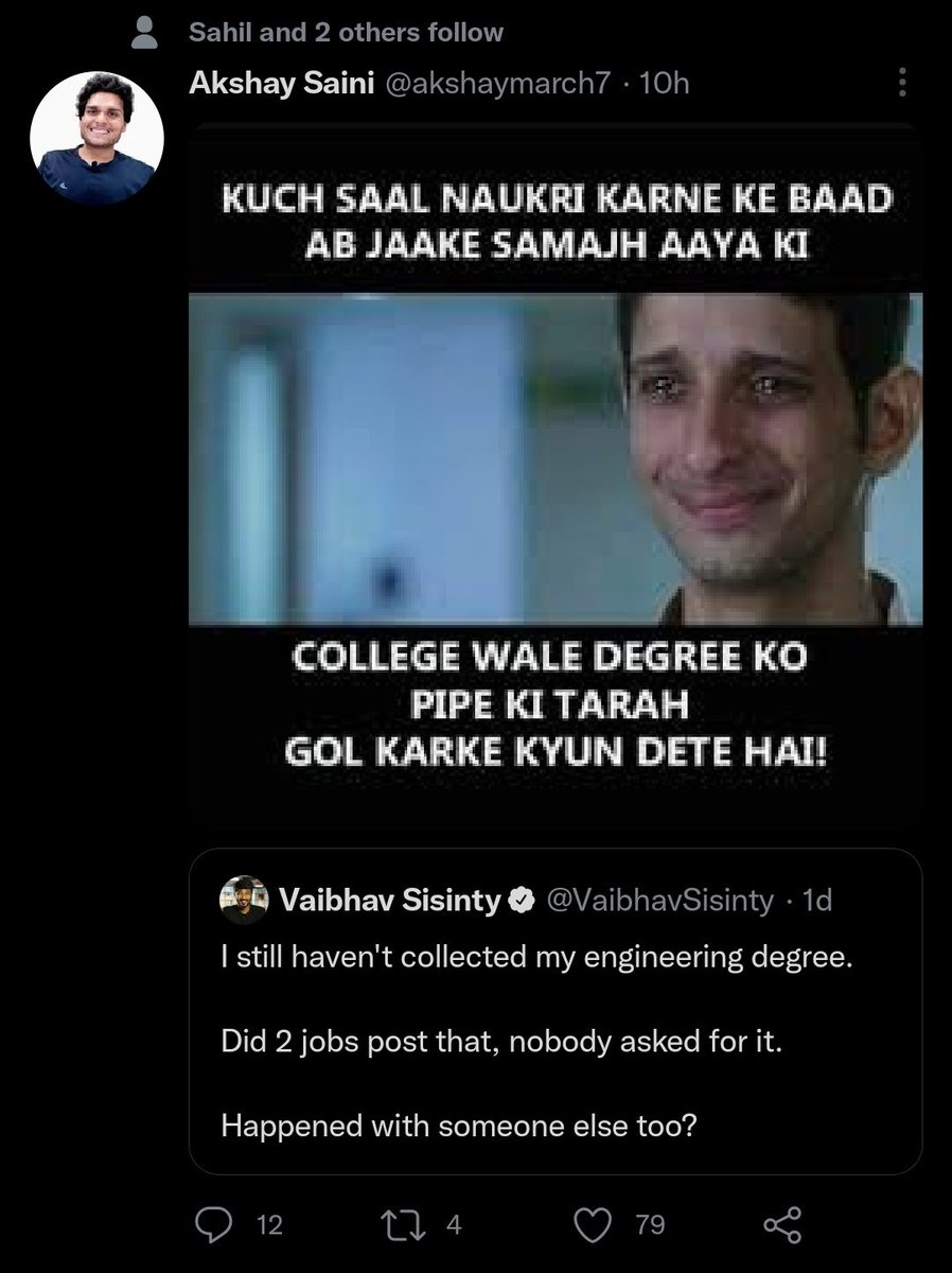 arpit_bhayani's tweet photo. Do not fall into such traps. College degrees and college education is very important.

Discarding college education is privilege. It's like rich people saying "Money doesn't matter". https://t.co/qMhzIGdobH