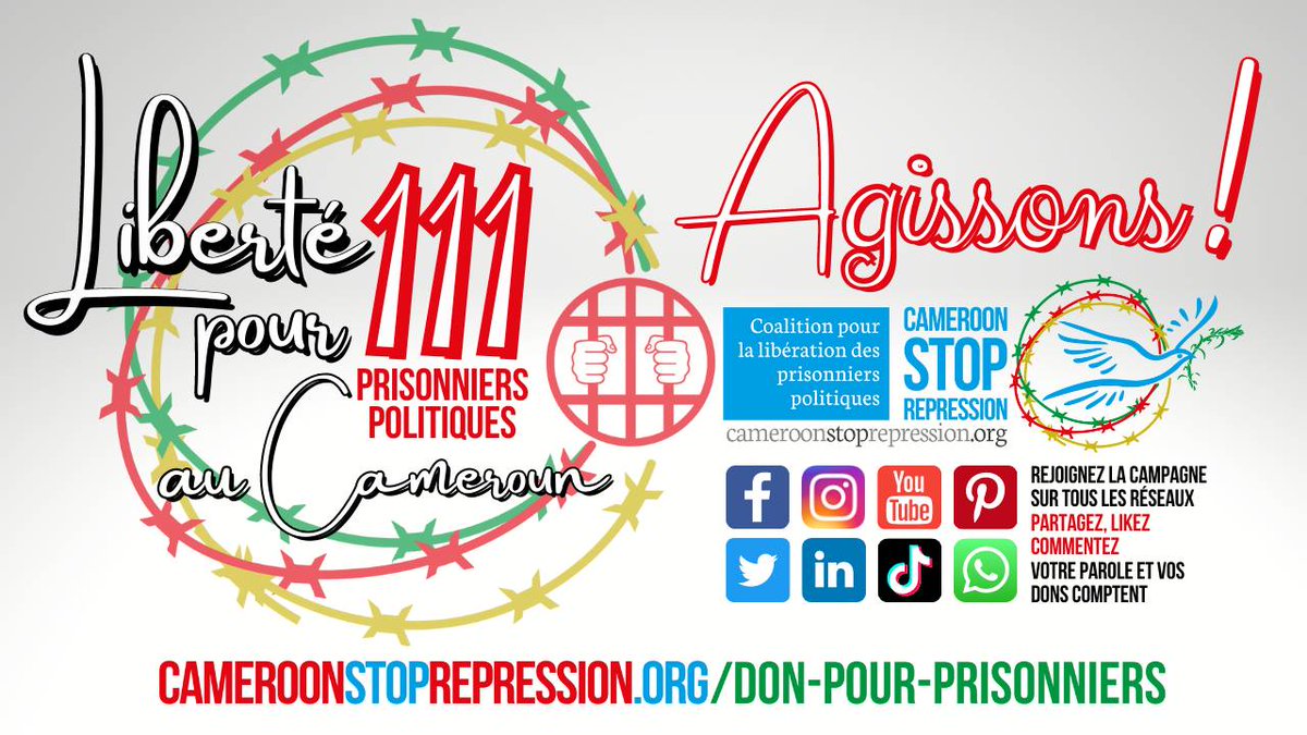 CstopRepression's tweet photo. DIFFÉRENTES SOLUTIONS POUR UN SEUL PROBLÊME: SOUTENIR LES #PRISONNIERSPOLITIQUES
1. Faire un don pour soutenir les Prisonniers Politiques : https://t.co/qzHzxYx46Z
3. S'abonner aux différentes pages Cameroon Stop Repression
5. Partagez la campagne https://t.co/occYRTEPPU