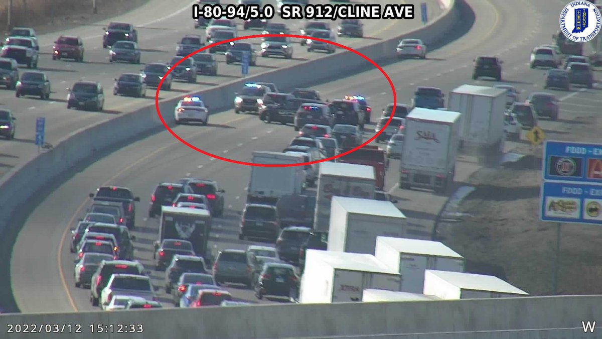 WBBM1059Traffic's tweet photo. On WB 80/94 there is a crash at Cline Ave as seen on @INDOT cameras blocking 2 left lanes. Move over to the right if you can Traffic is jammed up starting at Burr St. @WBBMNewsradio #IndianaTraffic #NWI https://t.co/e42fMkPXHS