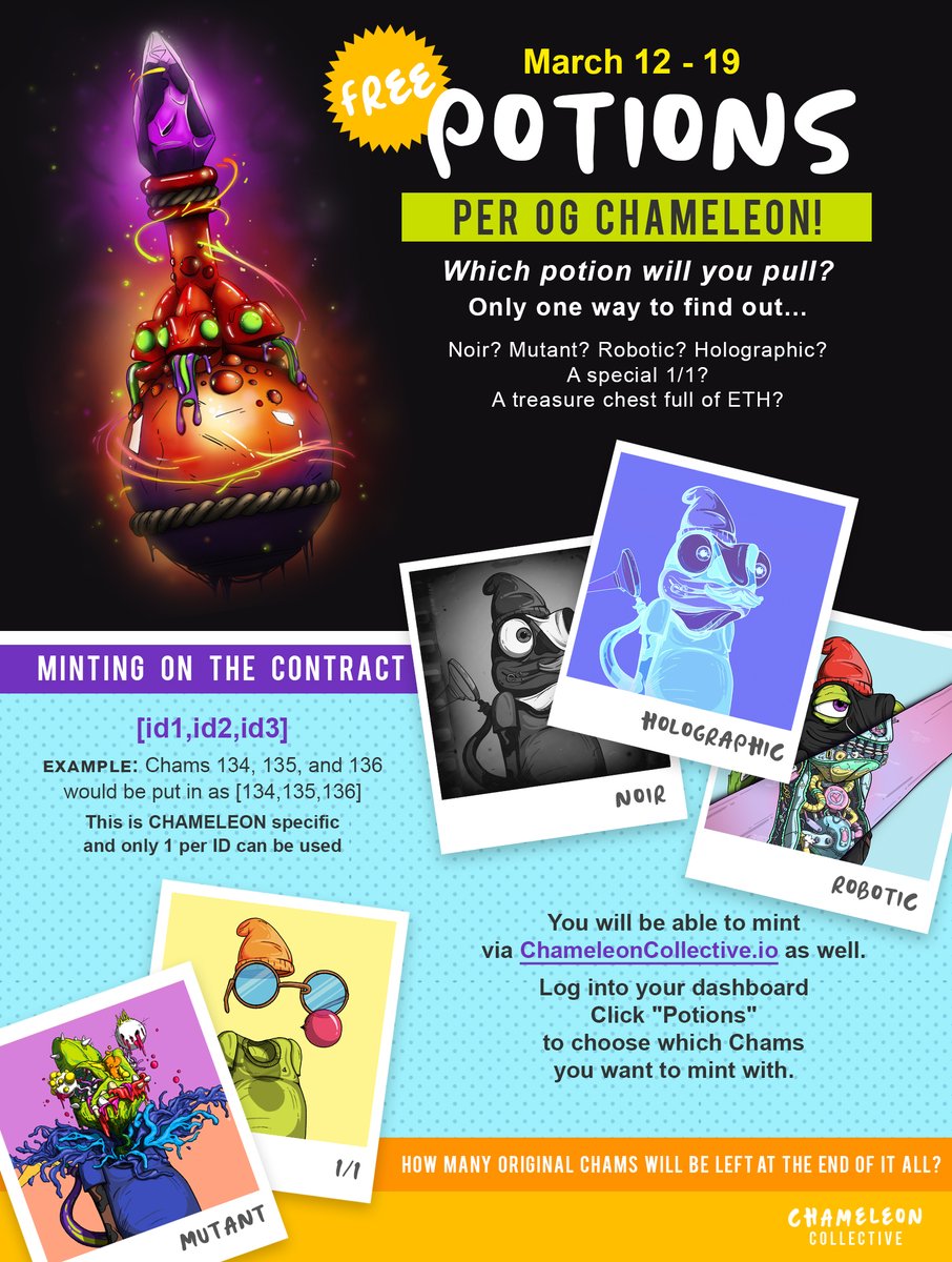 Chameleon_NFT's tweet image. It's the beginning of potion week! With potions and burning we finna have a whole different collection in a few months 😄 #Chamfam Who's excited for the evolution? Chams can be anything!