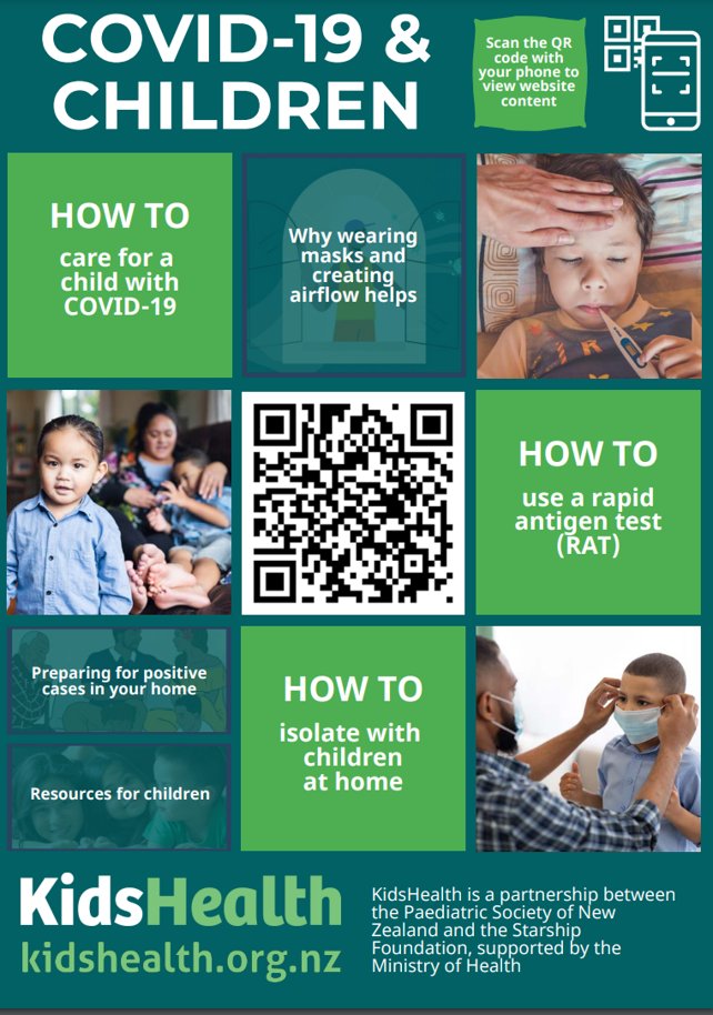 AlisonLeversha's tweet photo. New from kidshealth. A poster with QR code for an easy link to a range of resources for parents &amp; children about COVID. Nga mihi @Katlinko  @StarshipFDN NZ Paediatric Society @minhealthnz https://t.co/fxnnVOXnbz