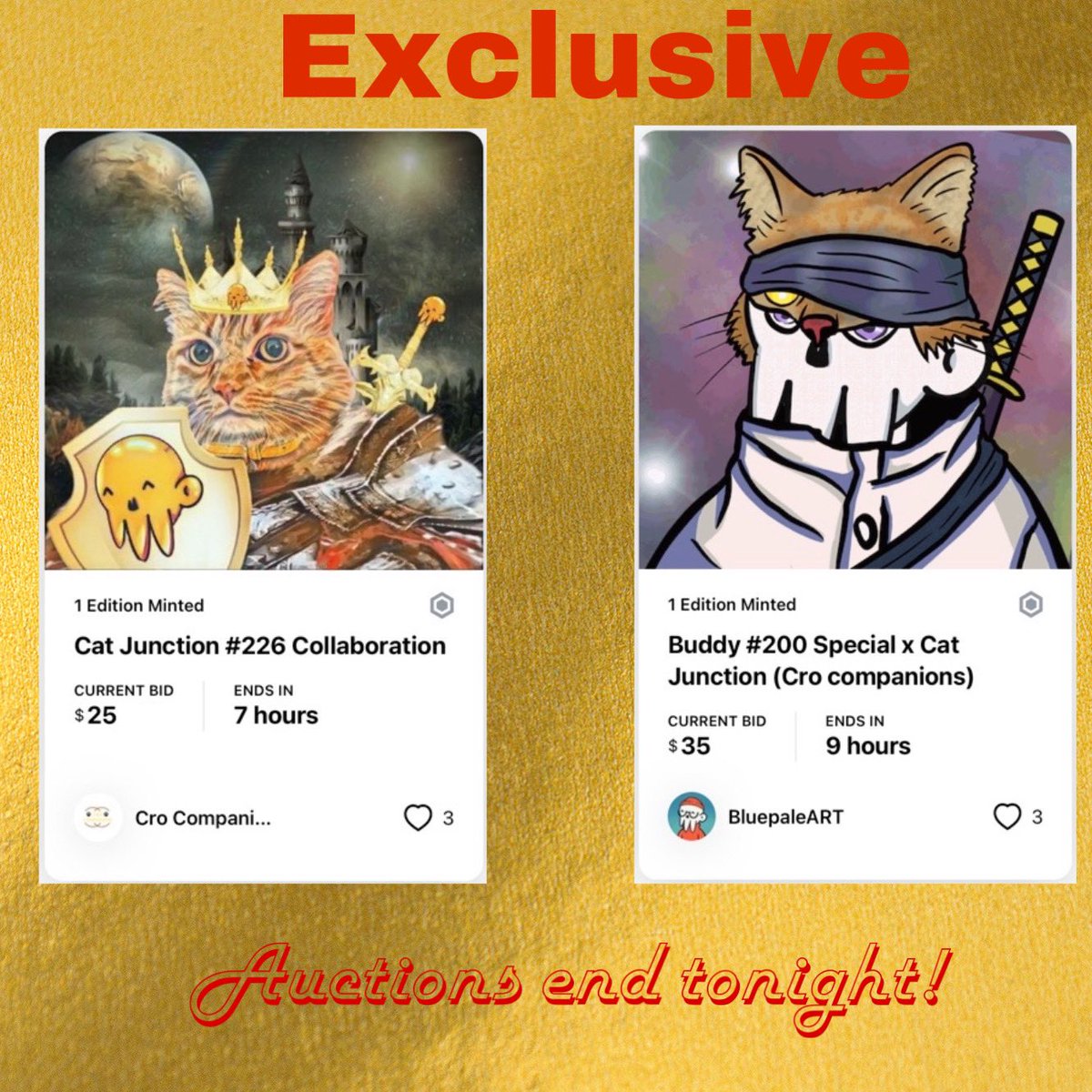Croboi90's tweet photo. Two fire auctions ending tonight ! Exclusive @BluepaleART and @Crocompanions Cat junction collaboration! 🇺🇸 🇹🇭 

Cat Junction
https://t.co/TT8uT80W5f
Buddy SKXLL

https://t.co/RPqE7Nhoib

#cro #crofam #LoadedLions #hypedogs #NFTCommunity #NFTartist https://t.co/WYaJMmL7dj
