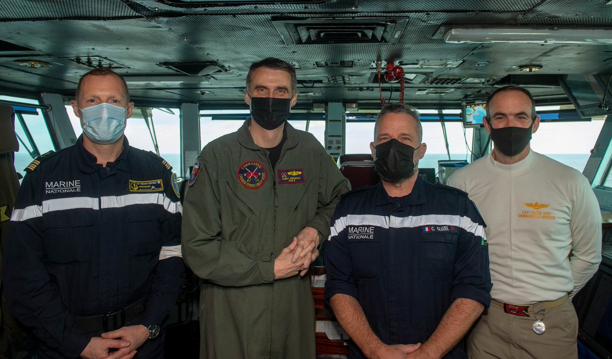 USSHARRYSTRUMAN's tweet photo. Honored to host French Navy Capt. Sebastien Martinot, CO, aircraft carrier FS Charles de Gaulle (R 91) and French Navy Rear Adm. Christophe Cluzel, commander, French Maritime Force, on Truman's bridge, This is what partnership looks like! #WeAreNato #NATO @NATO  @USNavyEurope https://t.co/f3CAq9xLAx