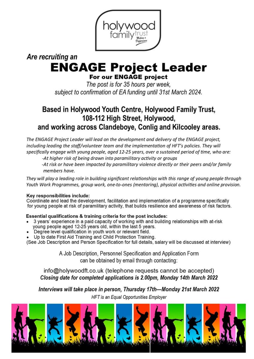 Vacancy for a full-time, JNC qualified youth work post in @Holywood_YC.
@eayouthservice @Education_NI @endingtheharm