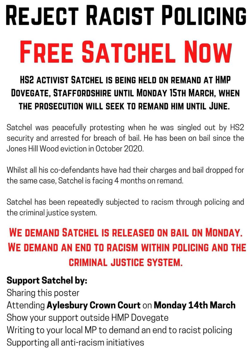 Hs2Rebellion's tweet photo. Please support our dedicated tree protector & tunneller, Satchel
Bluebell Woods Protection Camp will be protesting outside HMP Dovegate on Sunday.
On Monday there will be a show of solidarity outside Aylesbury Crown Court where he will be appearing.
#FreeSatchel
#HS2Resistance https://t.co/Cgtbp3OCnZ